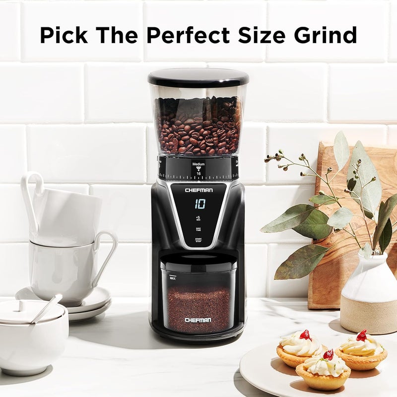 Chefman Conical Burr Coffee Grinder, Create The Boldest & Most Flavorful Grind With 31 Settings From Coarse To Extra Fine, One-Touch Digital Control & 9.7-oz Bean Capacity, Black - Image 4